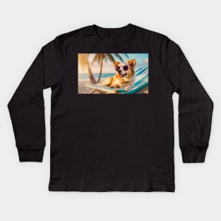 Fluffy Corgi on the sunbed Kids Long Sleeve T-Shirt